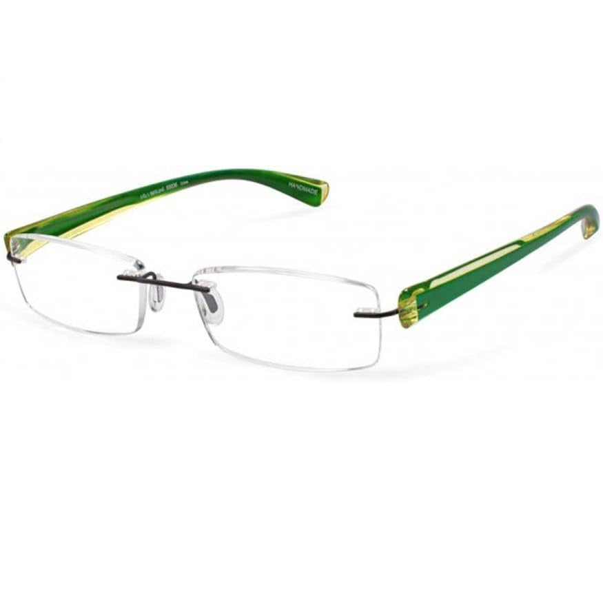 Green and gold eyeglasses on a white background