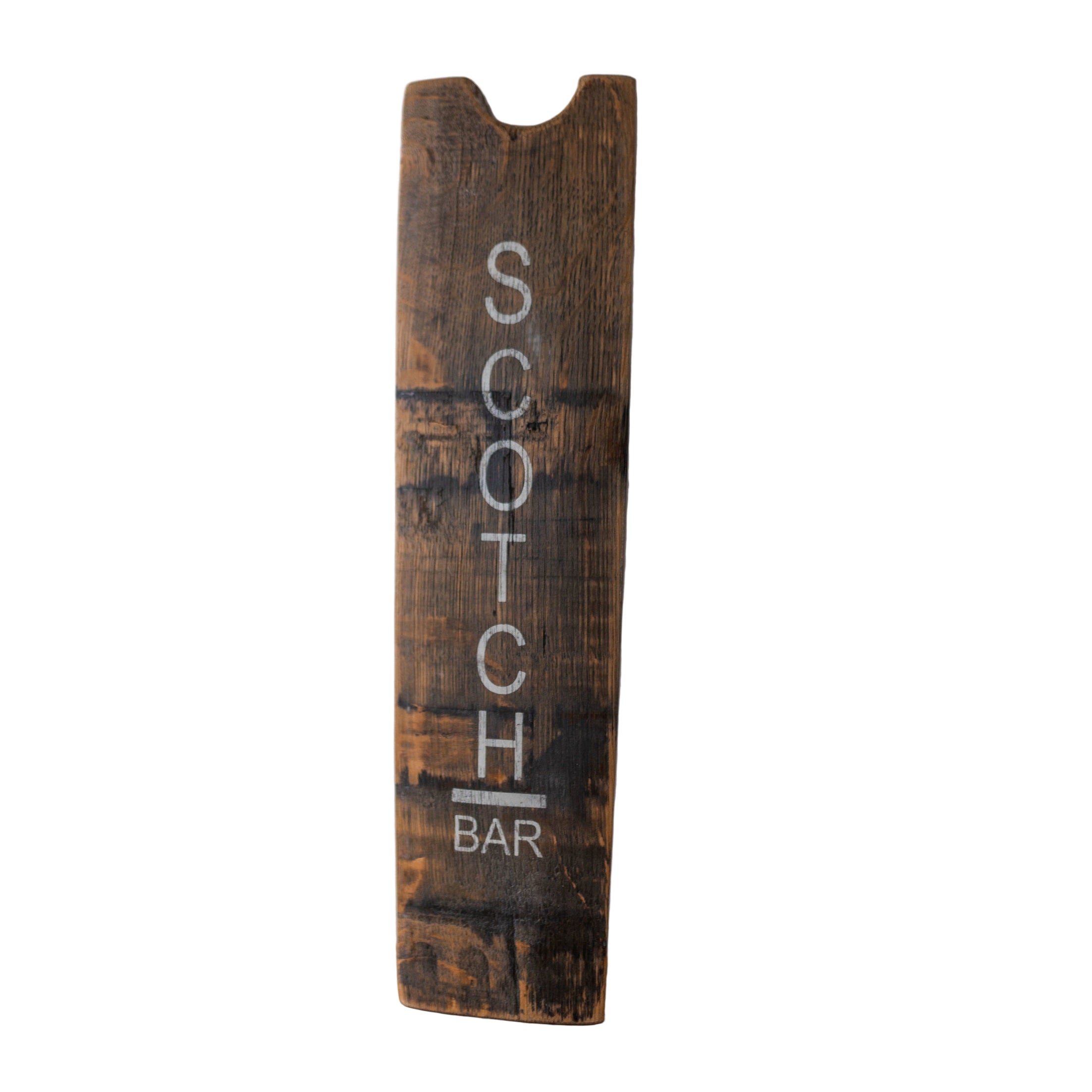 Wooden barrel stave as a sign with 'Scotch Bar' engraving on a white background