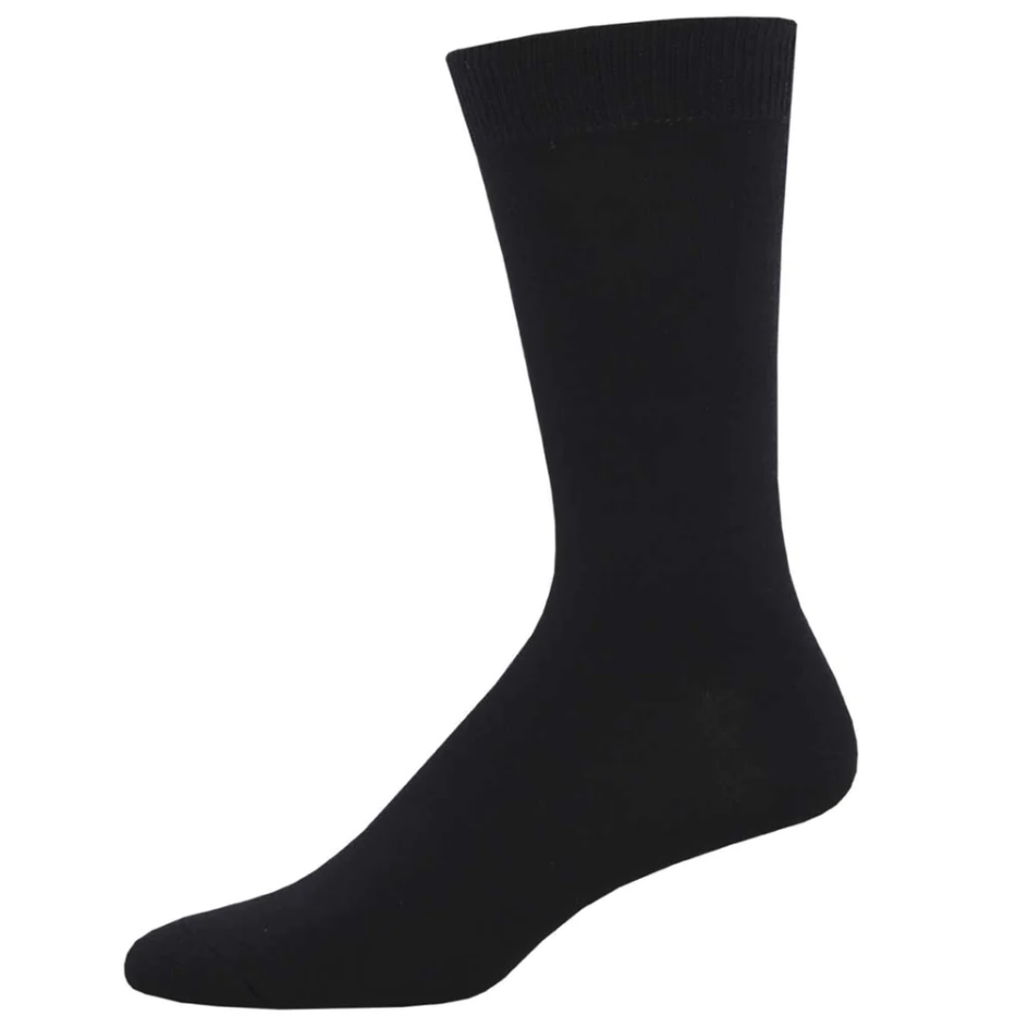 A single black bamboo sock, seamlessly toe, designed for men, showing the heel side of the sock.