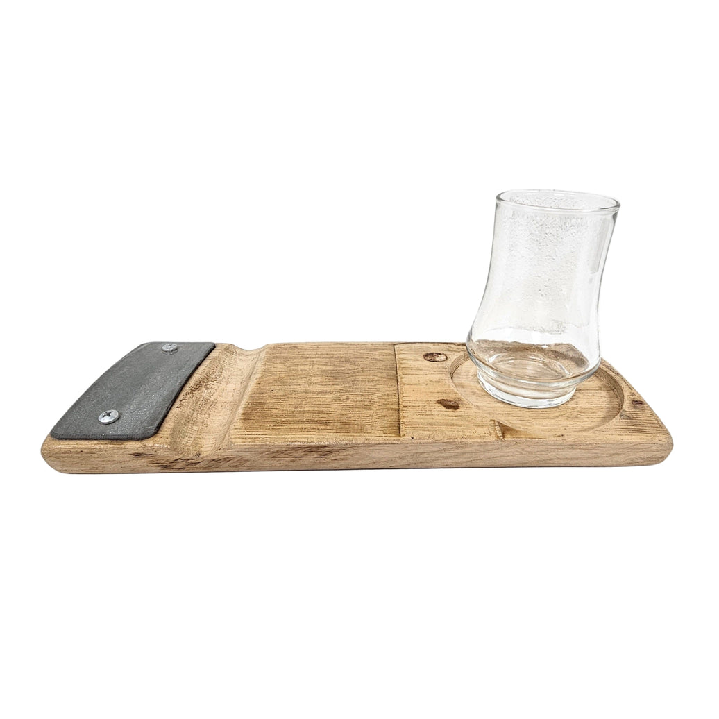 Wooden cigar tray with a glass on a white background