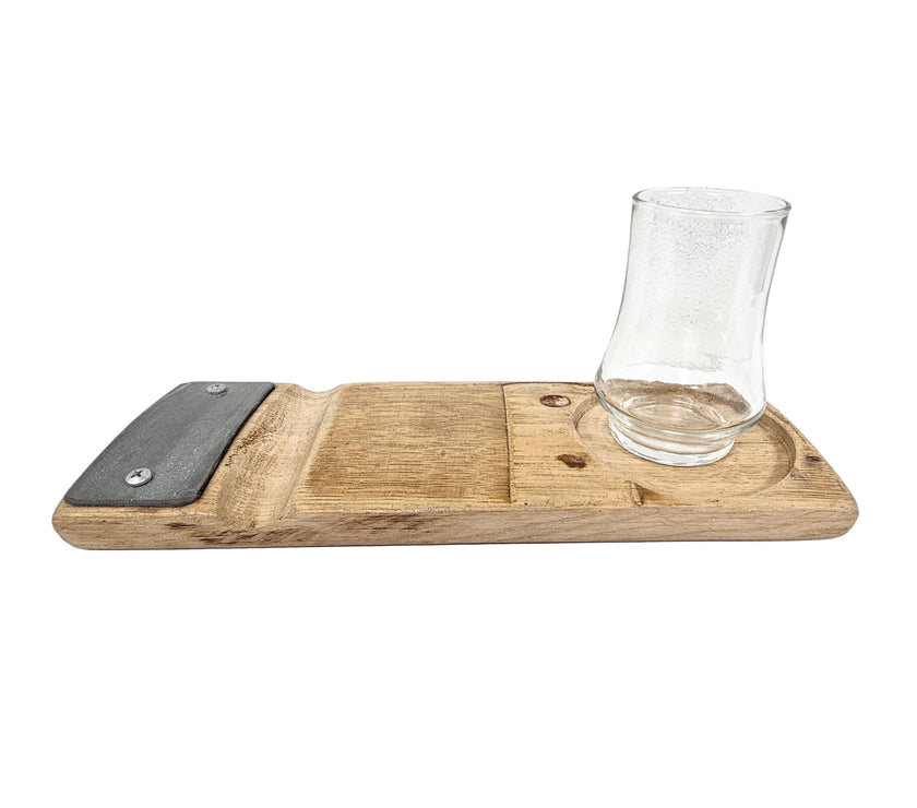 Wooden cigar tray with a glass on a white background