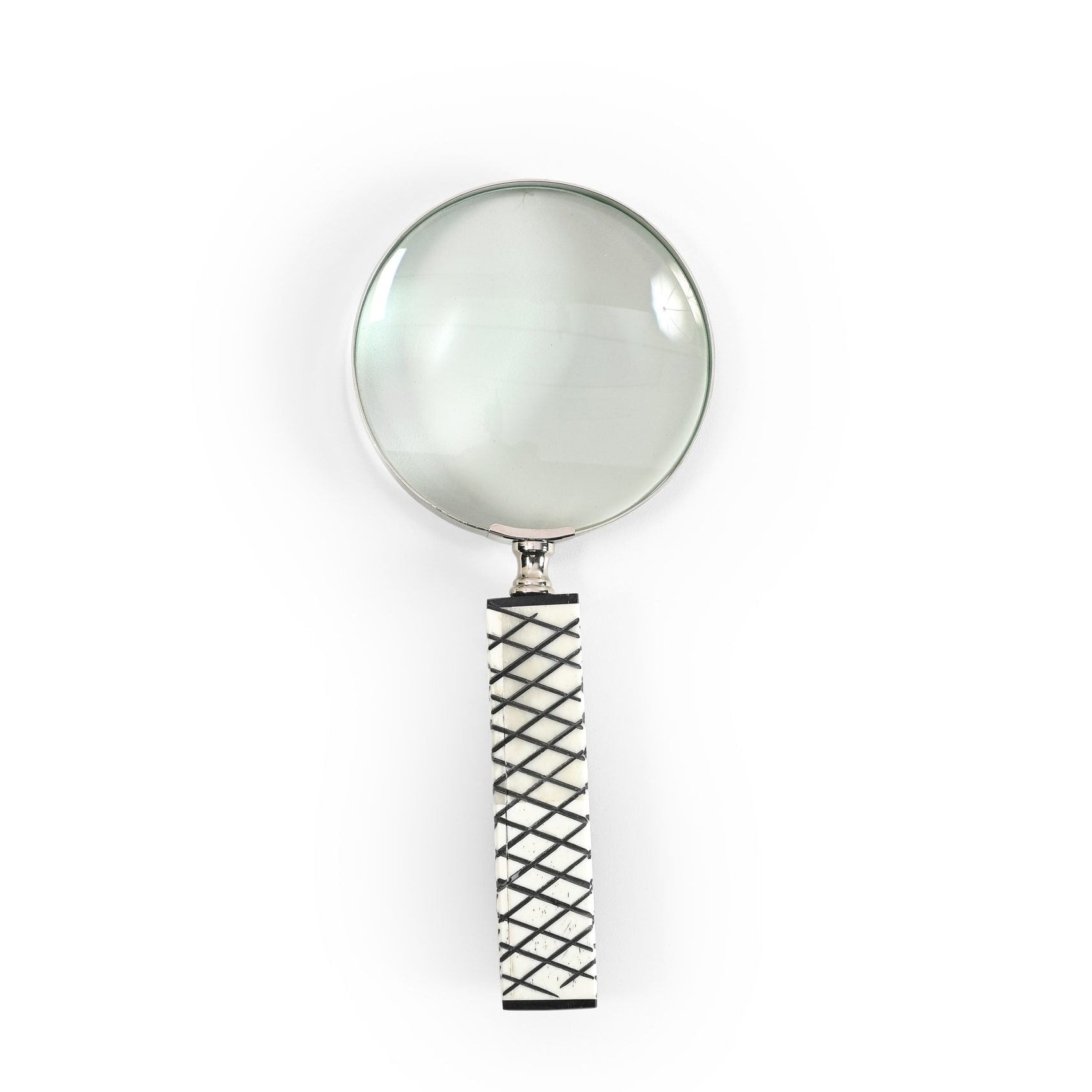 Magnifying glass with a black and white handle on a white background