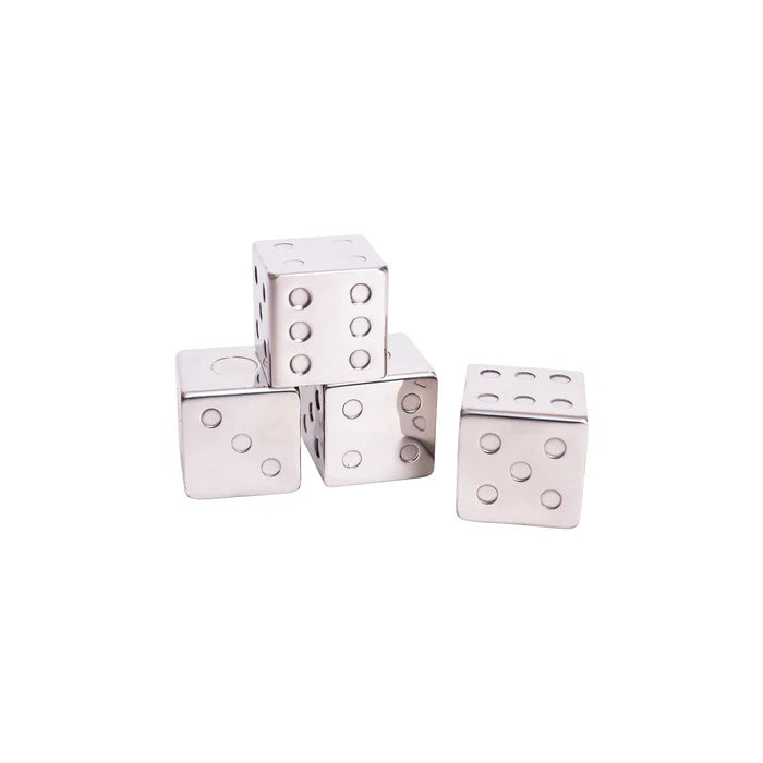 A set of six stainless steel whiskey dice cubes with engraved numbers on their faces, designed for chilling beverages.
