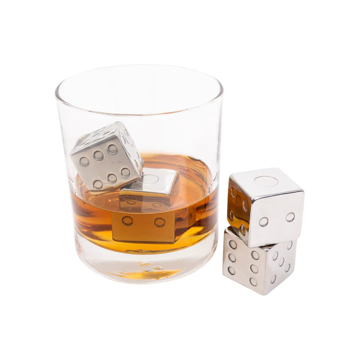 Stainless steel whiskey cubes etched to look like playing dice in a glass of whiskey.
