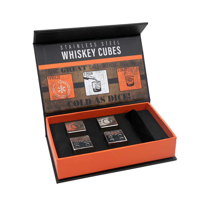 Stainless steel whiskey cubes etched to look like playing dice in black packaging with the box lid open to show instructions on using the cubes.