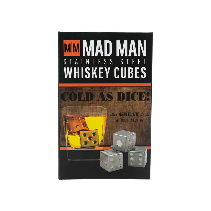 Packaging for stainless steel whiskey cubes etched to look like playing dice with the "Mad Man" logo on the front.