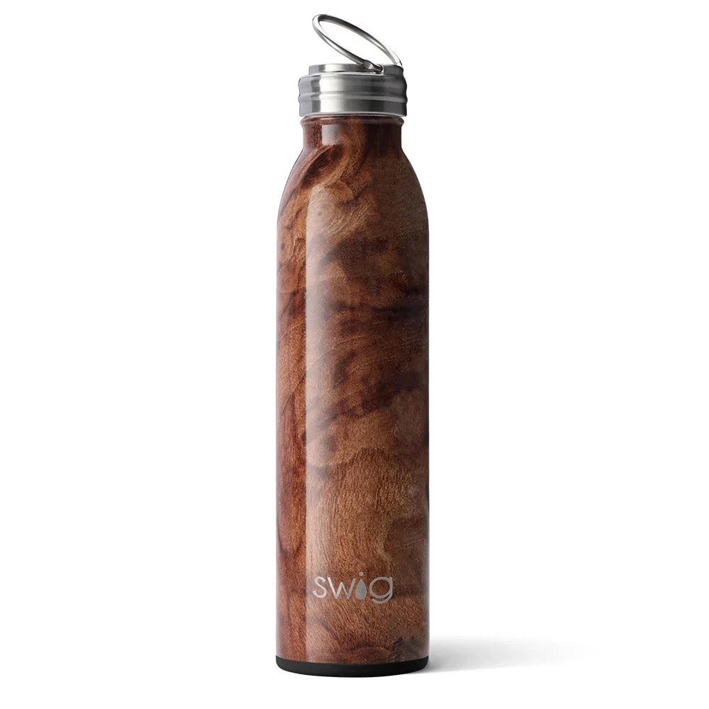 A 20 oz SWIG insulated stainless steel bottle with a wood grain texture and silver lid.
