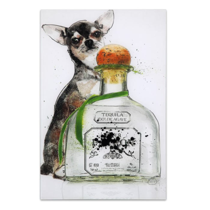 A colorful art glass piece featuring a chihuahua dog next to a tequila bottle that has the text 'TEQUILA DE AGAVE'.