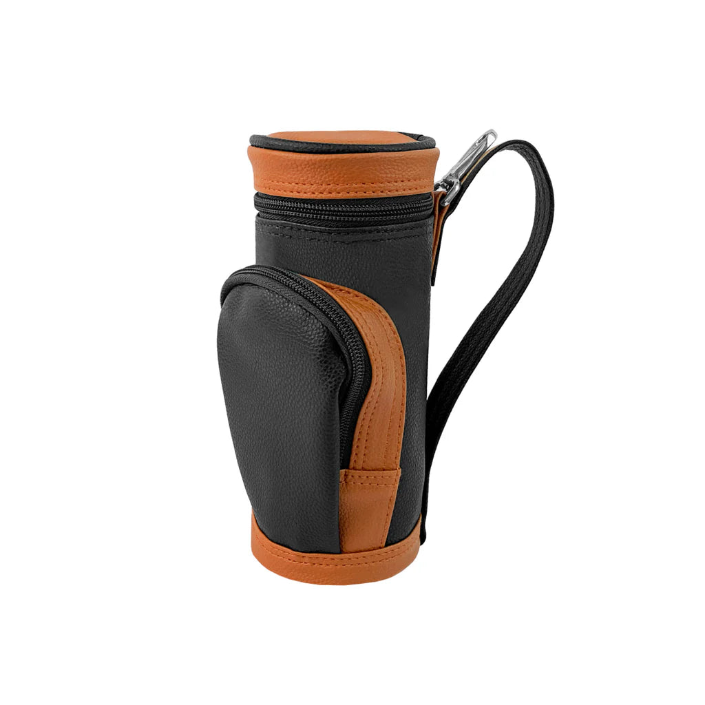 Black and brown miniature golf bag on a white background