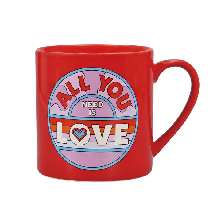 A red mug with 'All You Need is Love' on it in the spirit of The Beatles, on a white background.