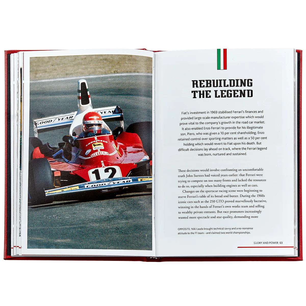 A book titled The Story of Ferrari open to a chapter called 'Rebuilding the Legend' with an image of a F1 series Ferarri mid-race.
