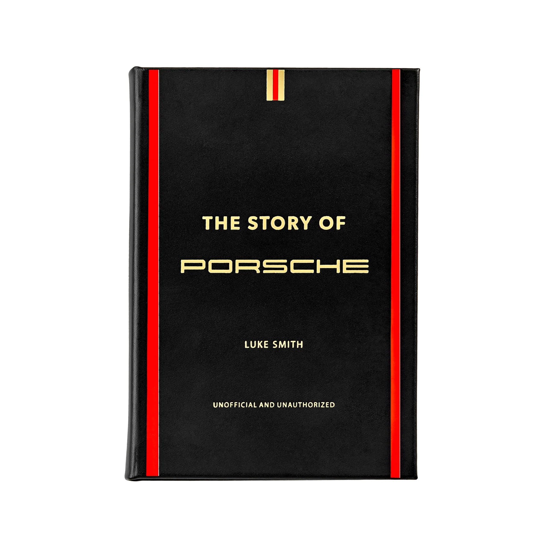 A black book titled 'The Story of Porsche' by Luke Smith, featuring a leather cover with red and white stripes.