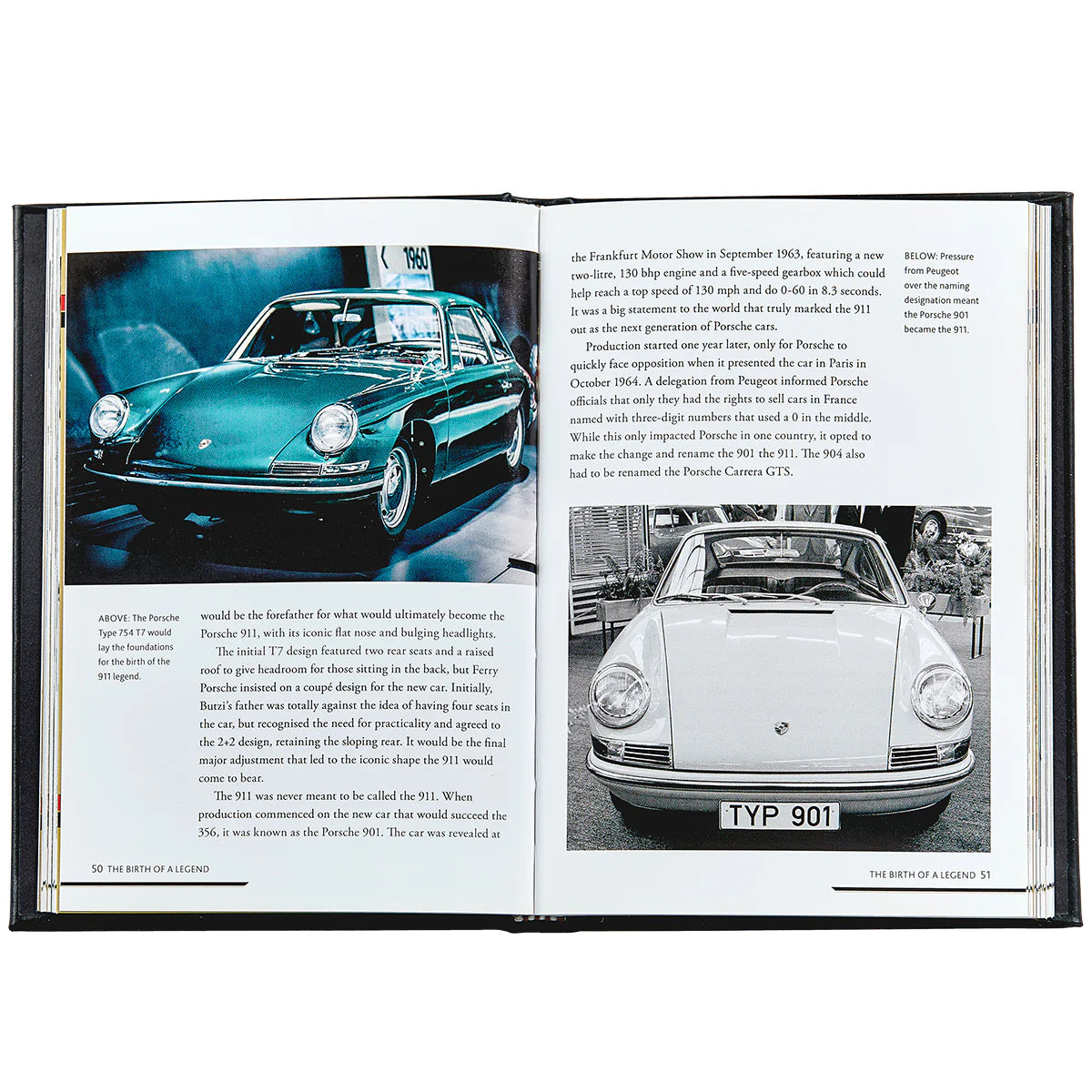 An inside look at a book titled The Story of Porsche with text and images of old Porsche cars.