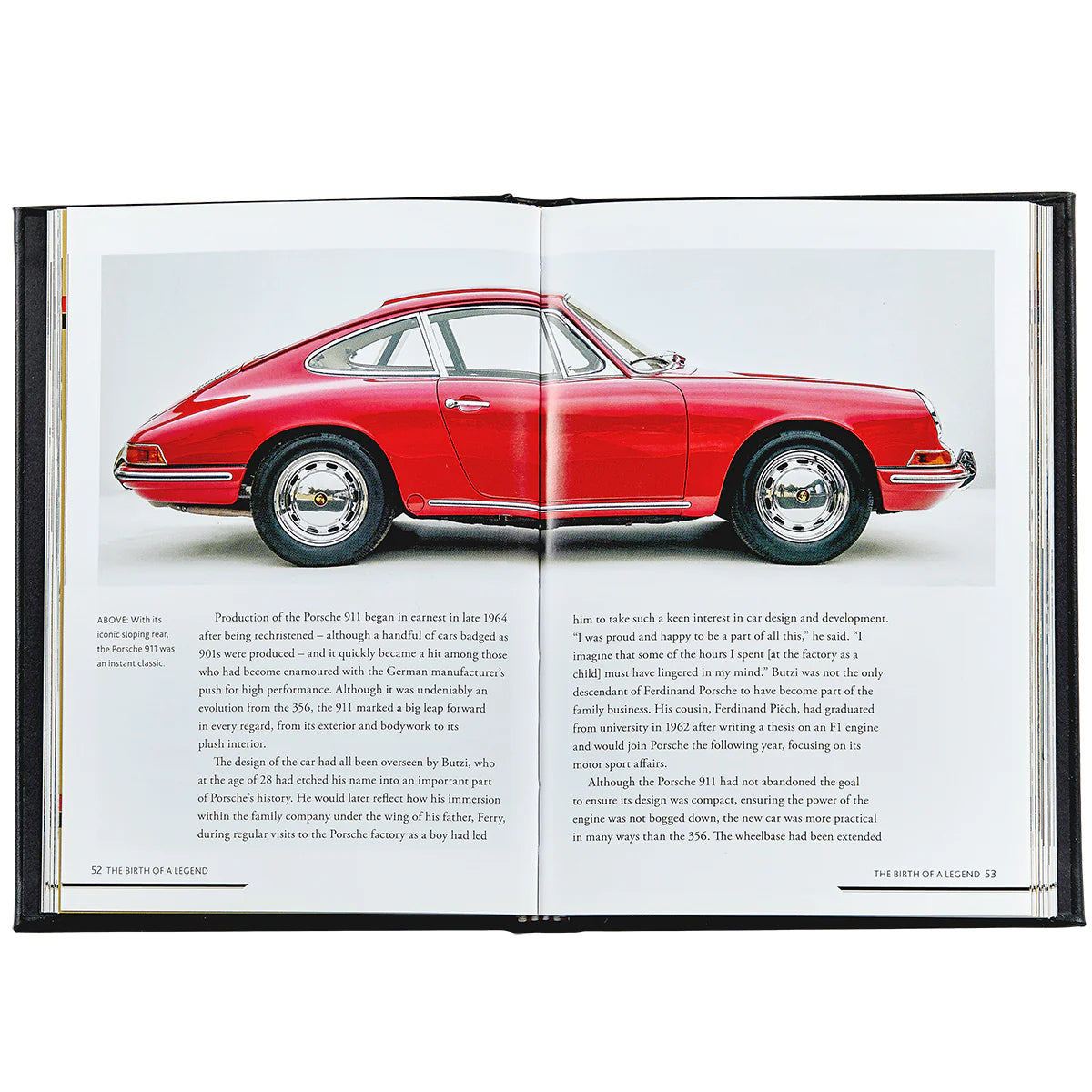 An inside look at a book titled The Story of Porsche with text and an image of a red, older era Porsche car.