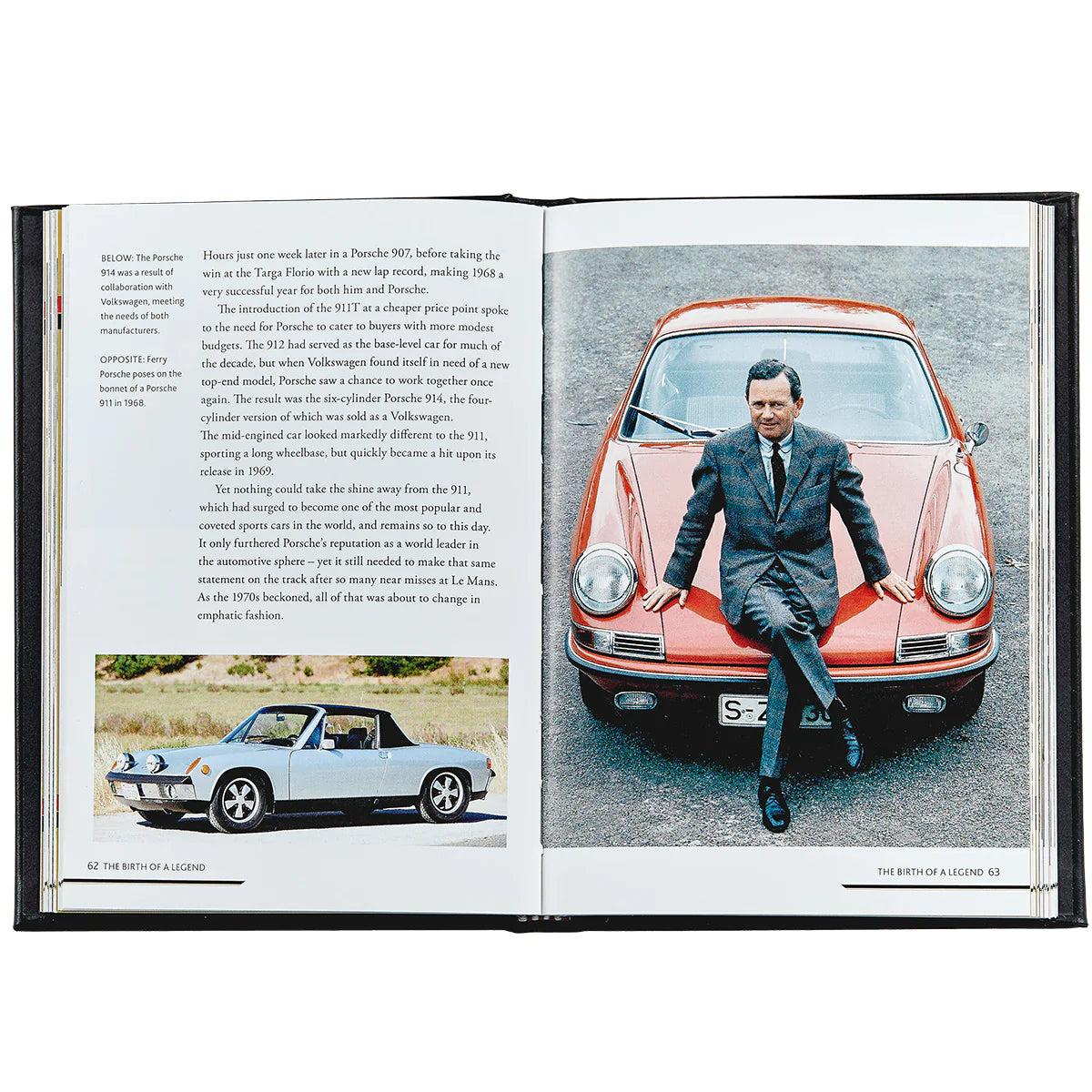 An inside look at a book titled The Story of Porsche with text and images of old Porsche cars, and a man sitting on the hood one.