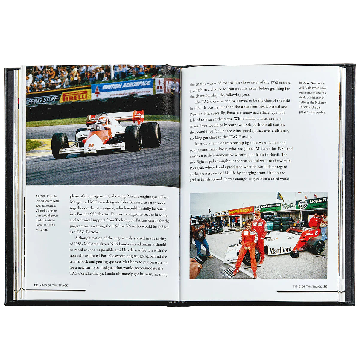 An inside look at a book titled The Story of Porsche with text and images of old Porsche racing cars.