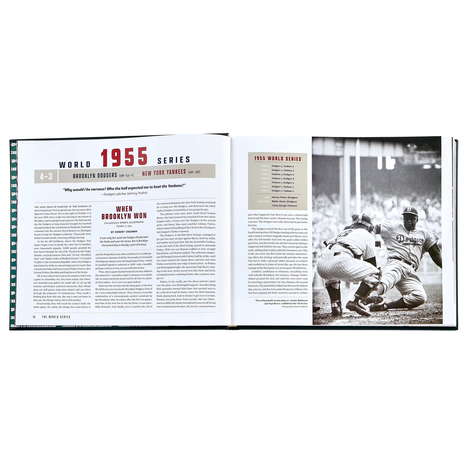 An inside look at a commemorative book of 'The World Series' by Sports Illustrated, open to the chapter focusing on the 1955 World Series with text and an image of players mid-play.