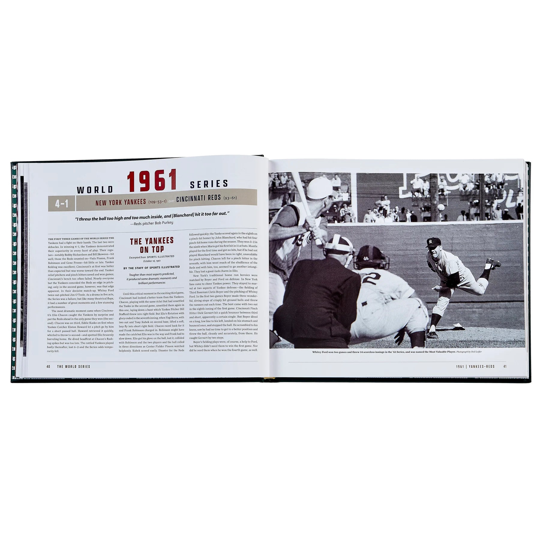 An inside look at a commemorative book of 'The World Series' by Sports Illustrated, open to the chapter focusing on the 1961 World Series with text and an image of players mid-play.
