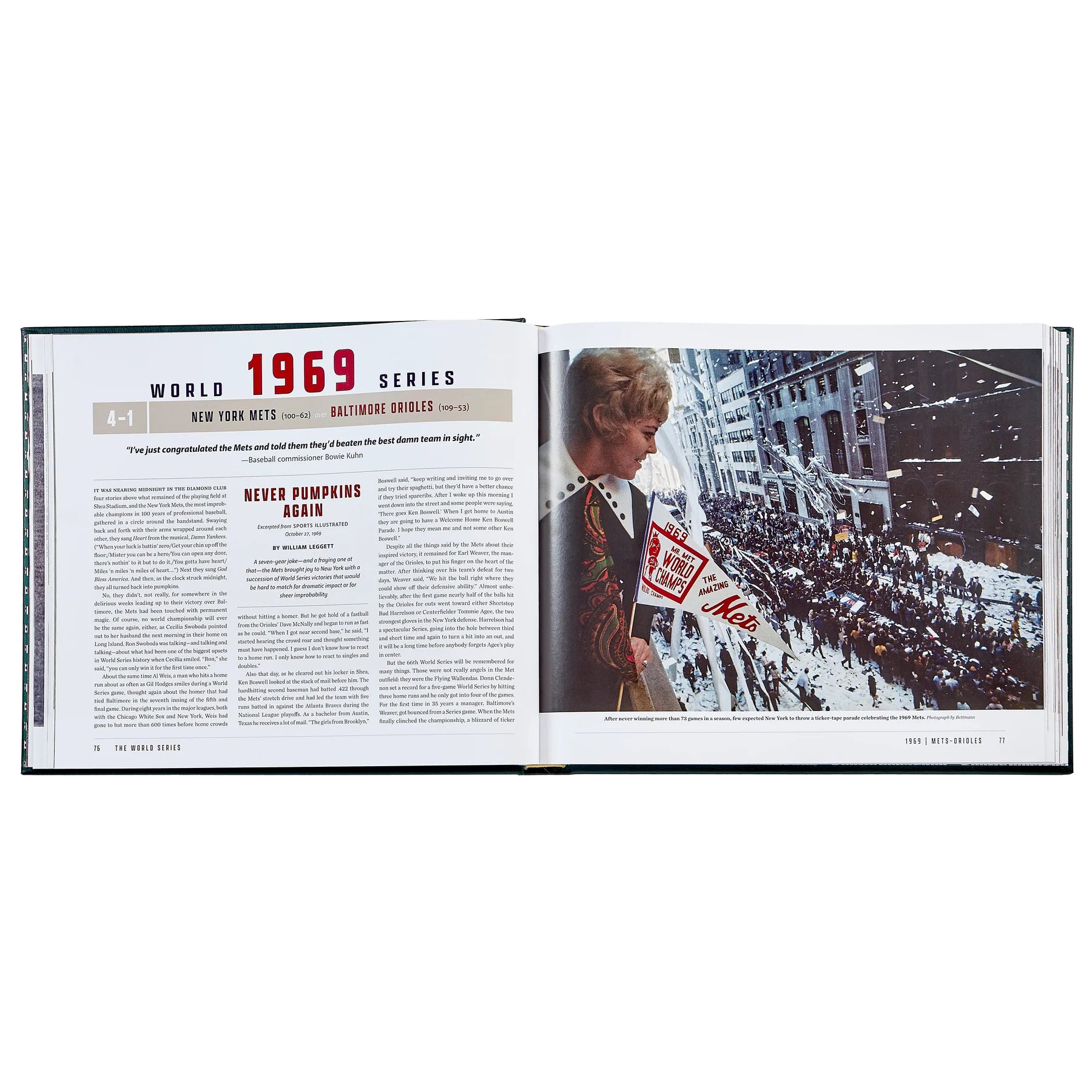 An inside look at a commemorative book of 'The World Series' by Sports Illustrated, open to the chapter focusing on the 1969 World Series with text and an image a celebratory parade for the New York Mets.
