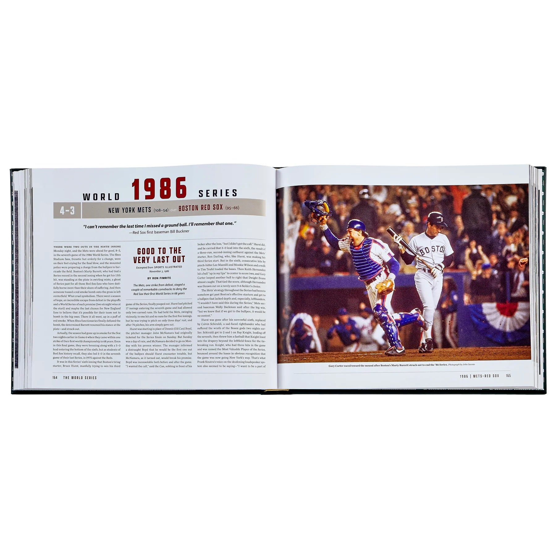 An inside look at a commemorative book of 'The World Series' by Sports Illustrated, open to the chapter focusing on the 1986 World Series with text and an image of players mid-play.