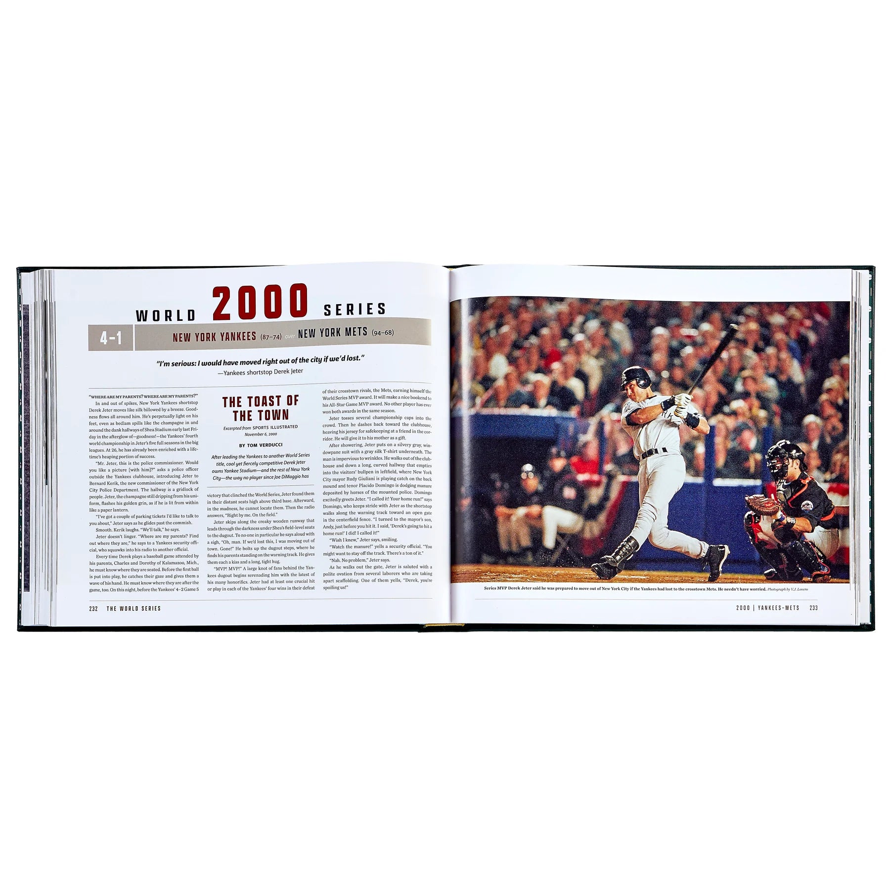 An inside look at a commemorative book of 'The World Series' by Sports Illustrated, open to the chapter focusing on the 2000 World Series with text and an image of players mid-play.