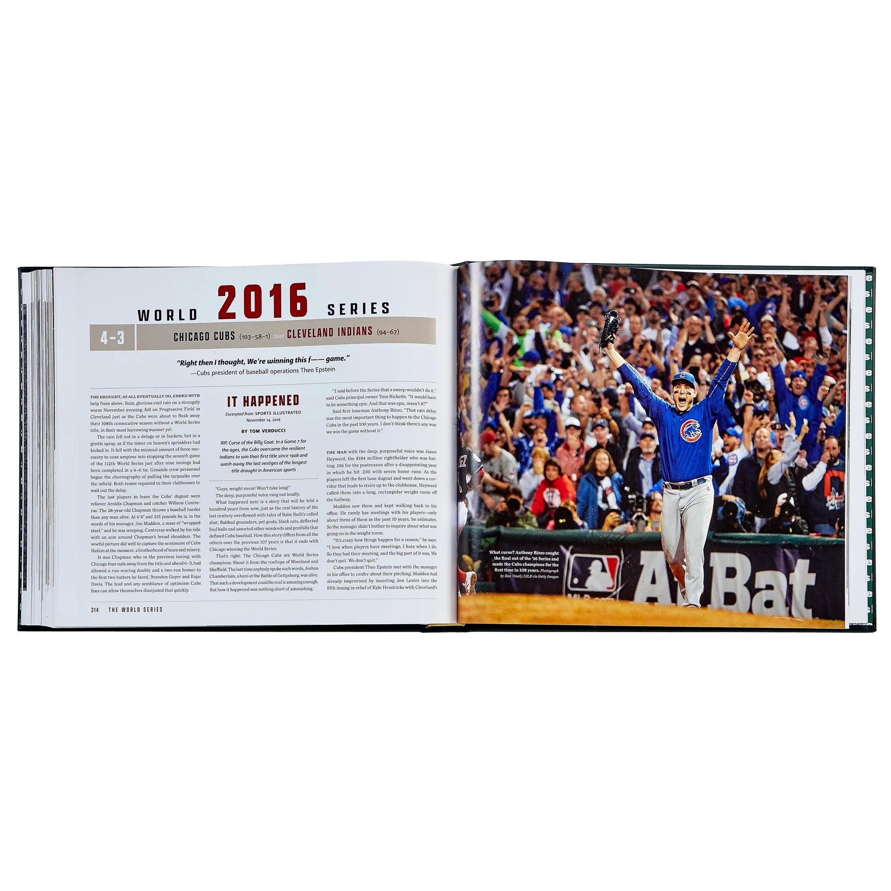 An inside look at a commemorative book of 'The World Series' by Sports Illustrated, open to the chapter focusing on the 2016World Series with text and an image of a Cubs player celebrating.