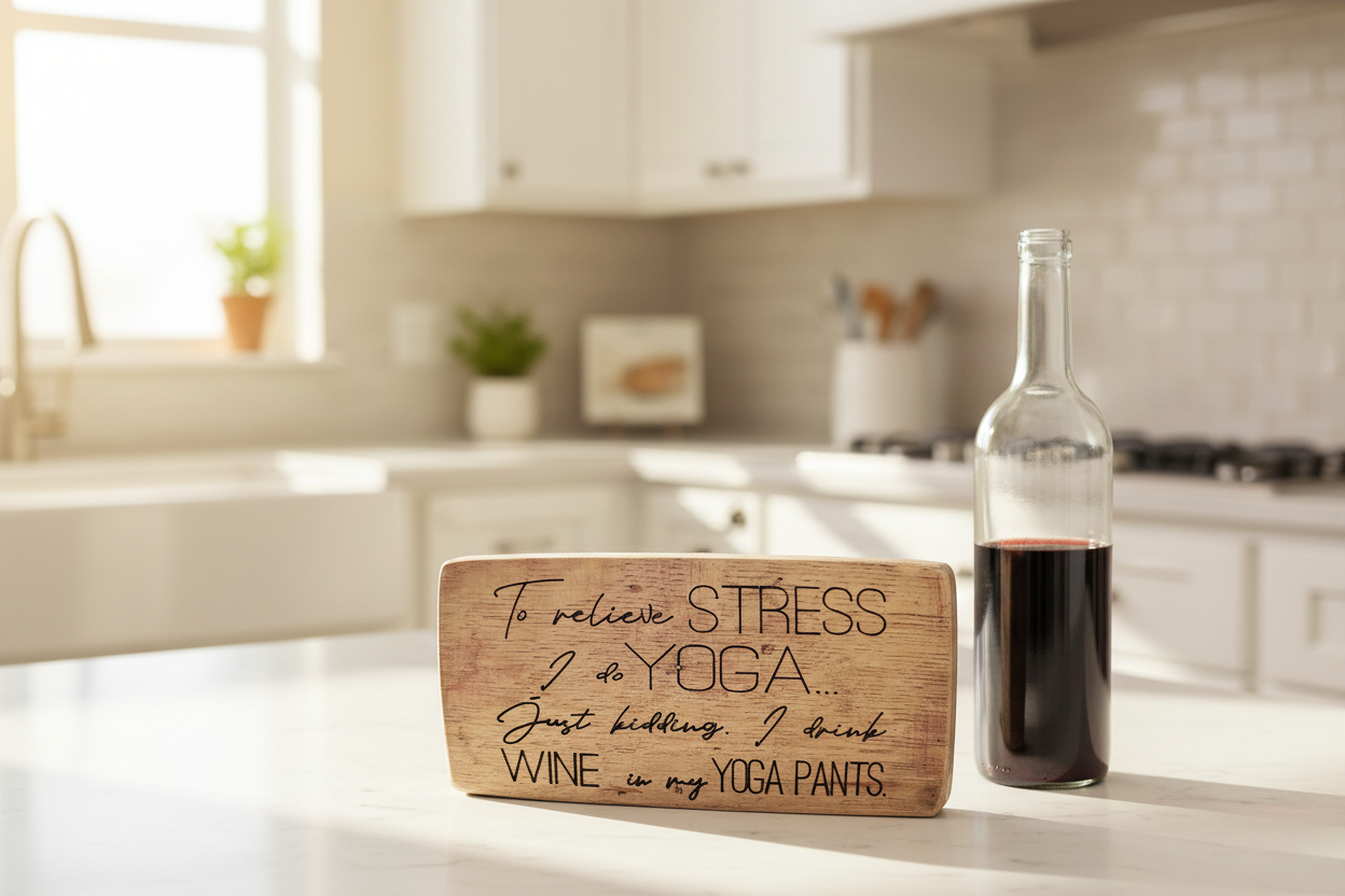 "To Relieve Stress I Do Yoga Just...Just Kidding. I Drink Wine in my Yoga Pants" | Wood Sign