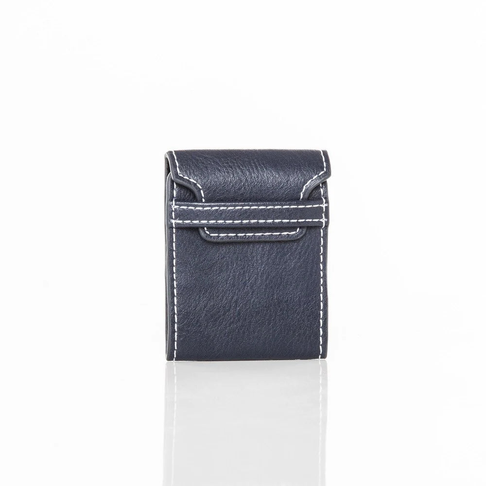 Blue leather pouch with white stitching on a white background