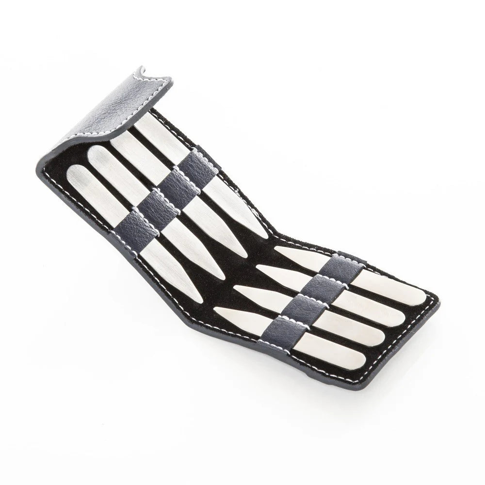 Set of collar stays in a blue case on a white background