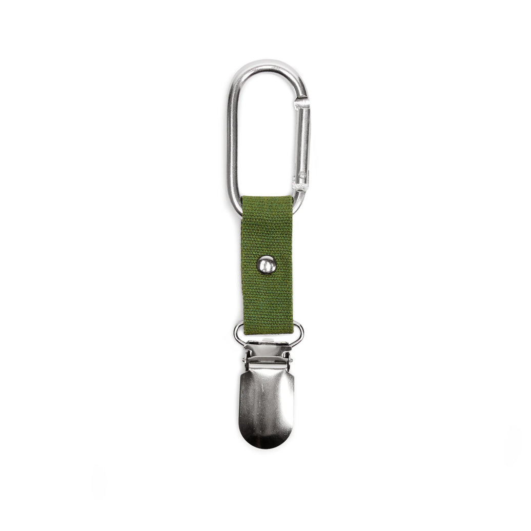 Hat clip with green strap and metal carabiner on a white background