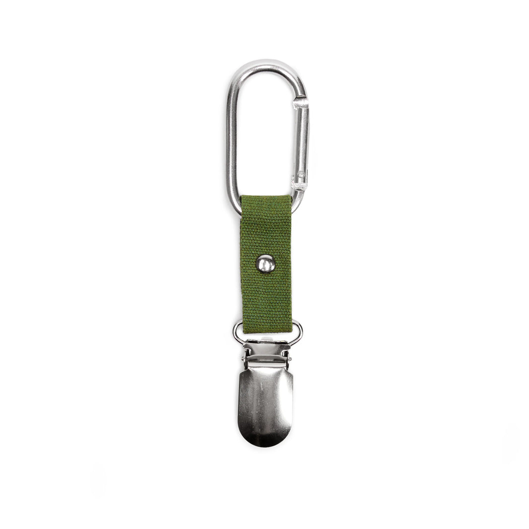 Hat clip with green strap and metal carabiner on a white background