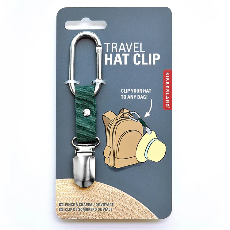 Travel hat clip on Kikkerland packaging with backpack and hat illustration
