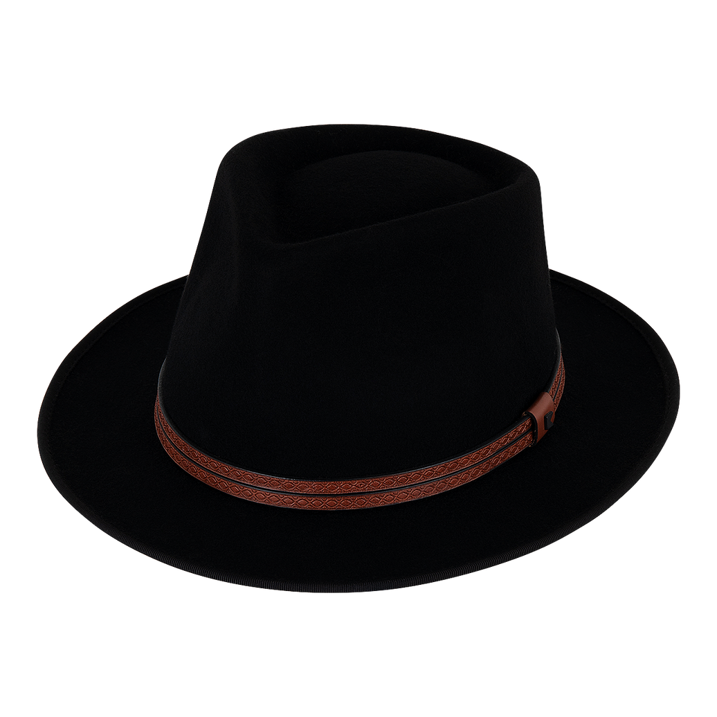 A black fedora hat with a faux leather crown band and a subtle shine on the band.