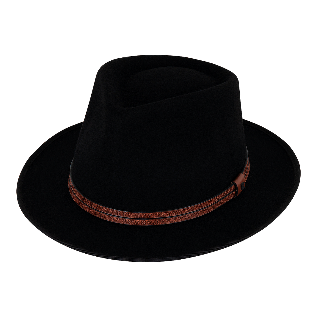 A black fedora hat with a faux leather crown band and a subtle shine on the band.