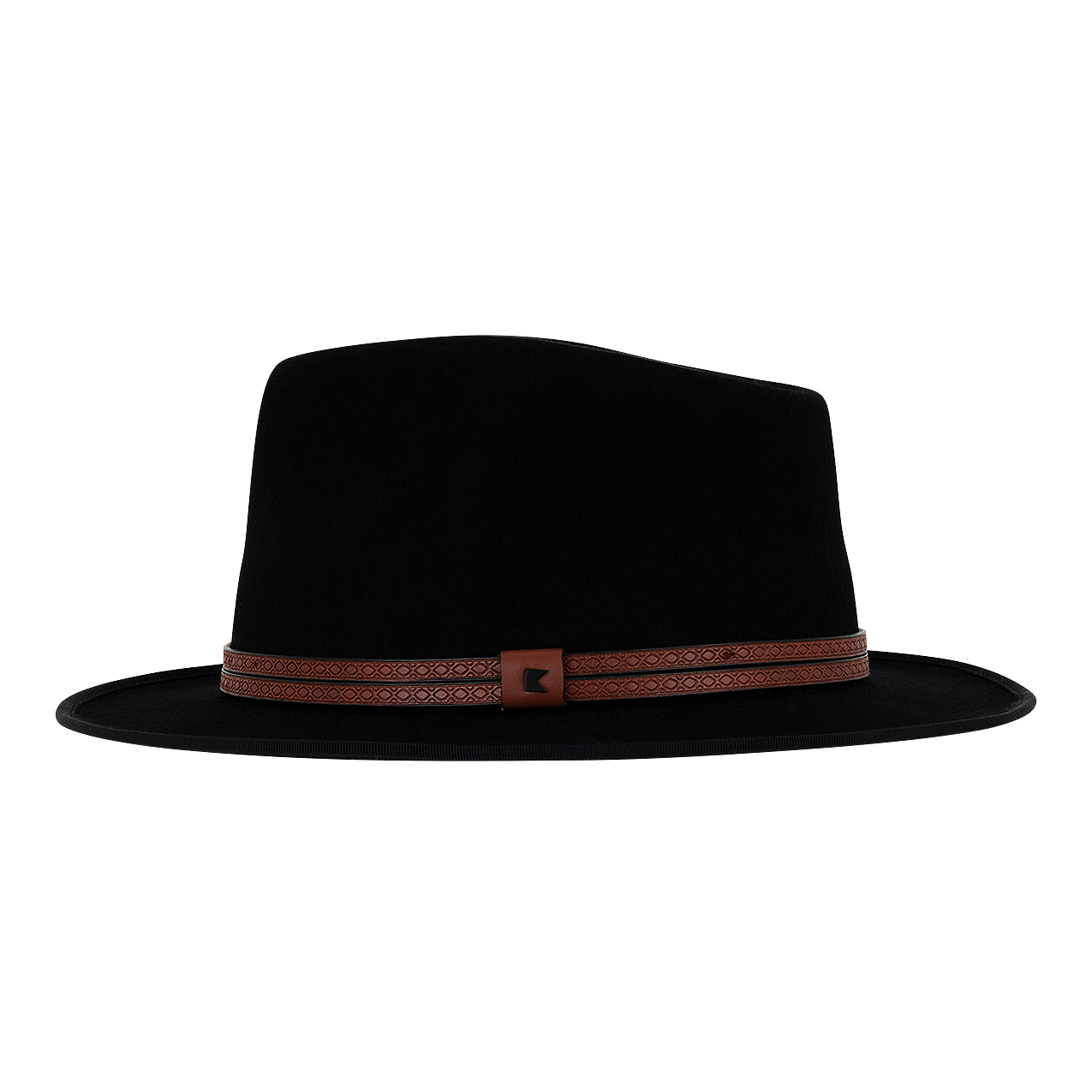 A black fedora hat with a faux leather crown band and a subtle shine on the band.