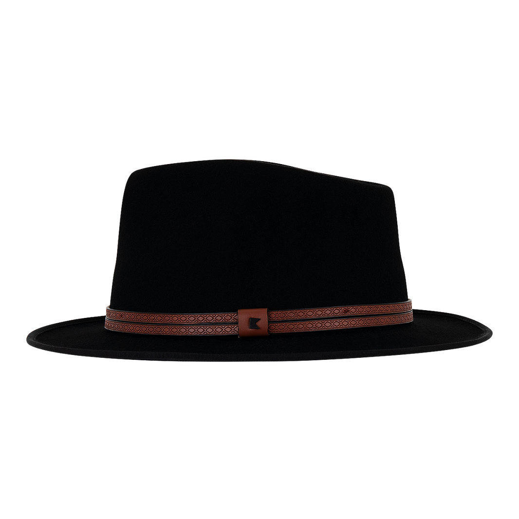 A black fedora hat with a faux leather crown band and a subtle shine on the band.