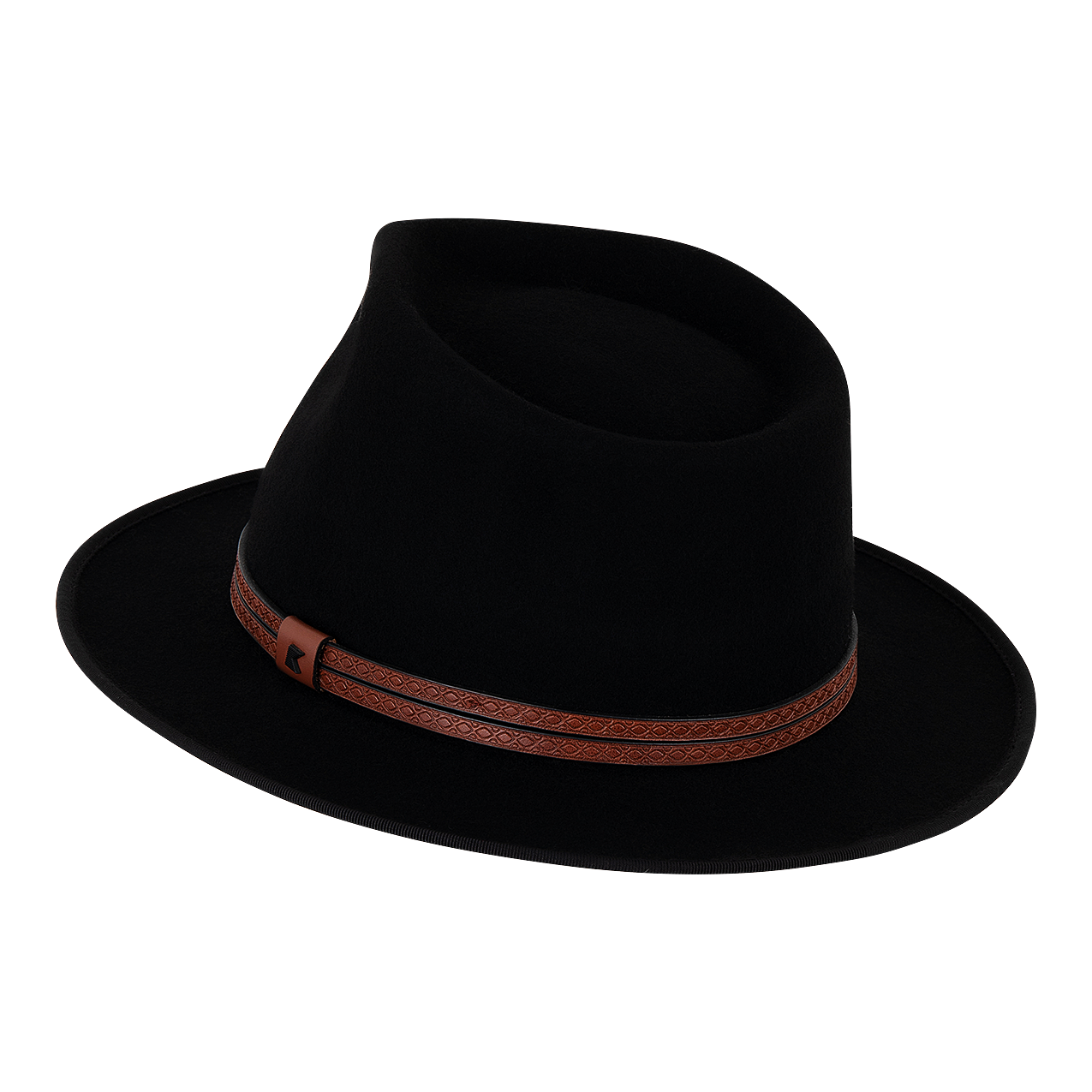 Black fedora hat with a brown band on a white background