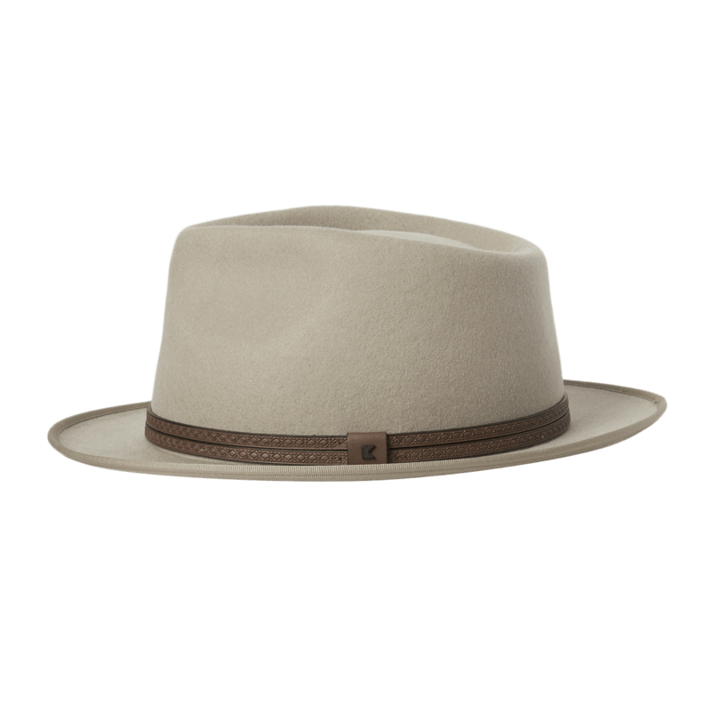 Natural color fedora hat with a brown band on a white background