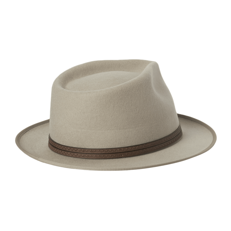 Natural color fedora hat with a brown band on a white background
