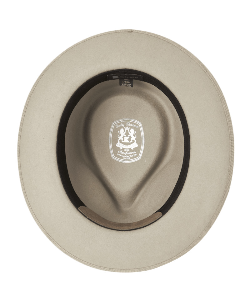 The inside of a natural color fedora hat with a brown band on a white background