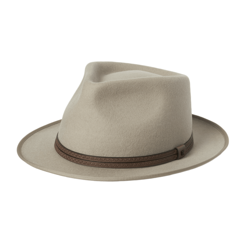 Natural color fedora hat with a brown band on a white background