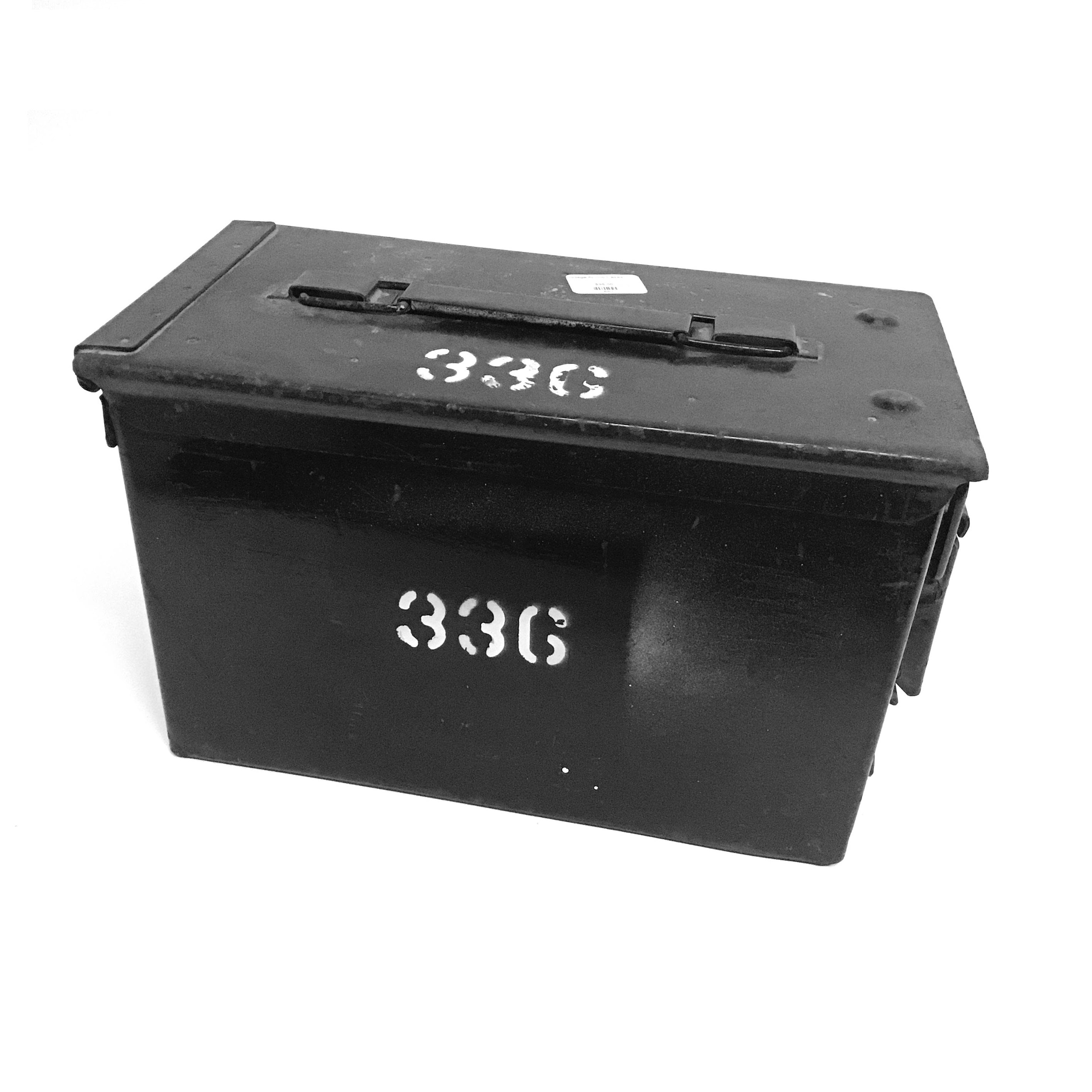 Black ammunition box with '336' printed on it against a white background