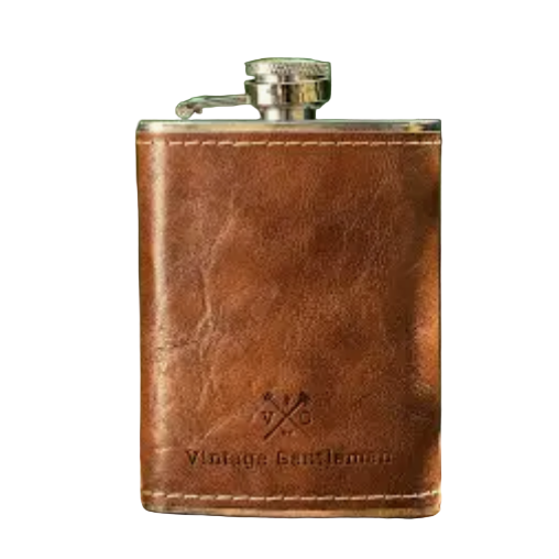 Brown leather flask with silver cap on a white background