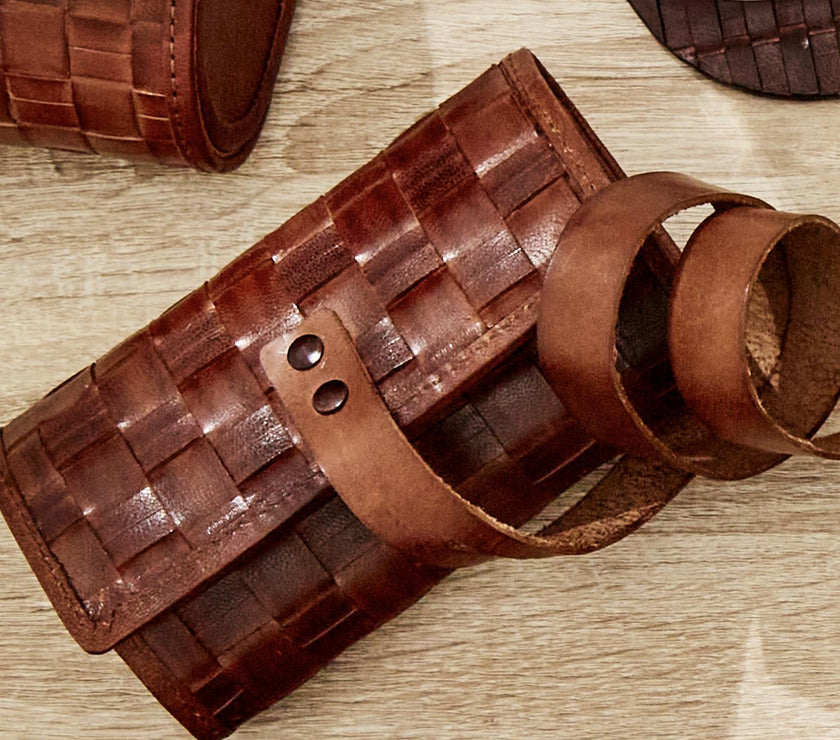 Chestnut Woven Leather Watch Roll with 3 Compartments and Zipper Pocket