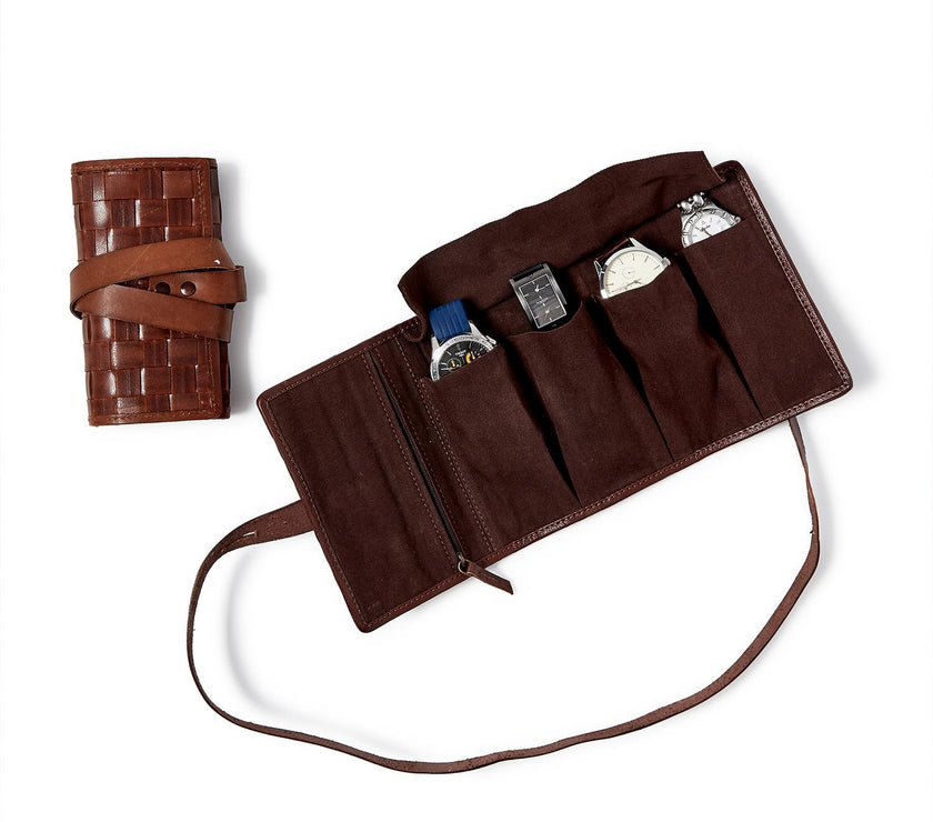 Chestnut Woven Leather Watch Roll with 3 Compartments and Zipper Pocket