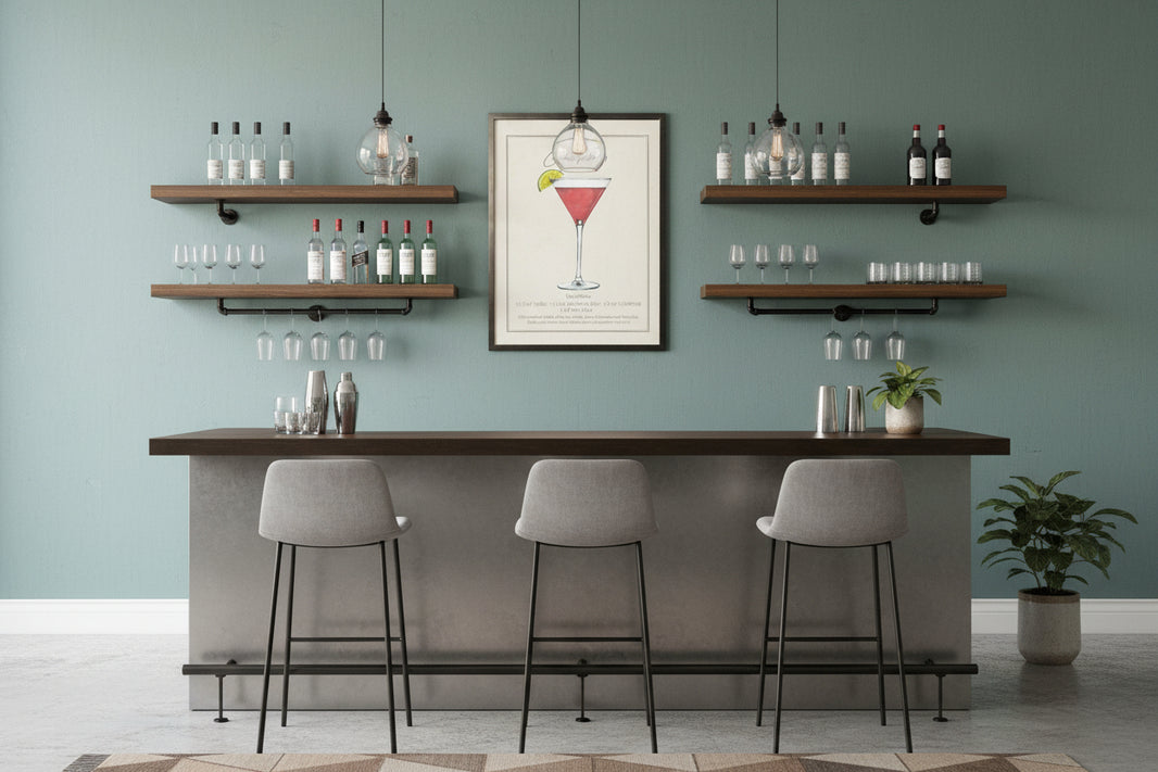 A watercolor art print of a cosmopolitan drink with recipe on a wall with shelving containing bottles and glasses with a bar and modern bar seating, a few potted plants nearby.