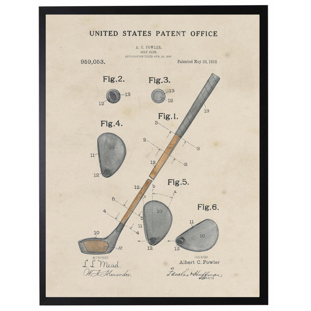 An art print of a golf club patent submission with different elements of the golf club pointed out in the print.
