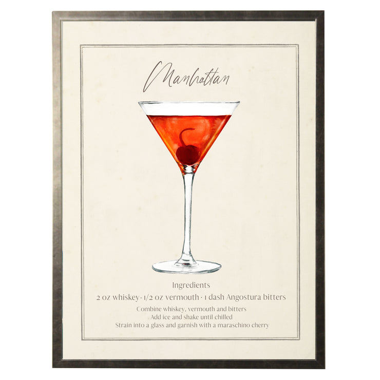Framed print of a Manhattan cocktail with cherry and recipe details on a beige background