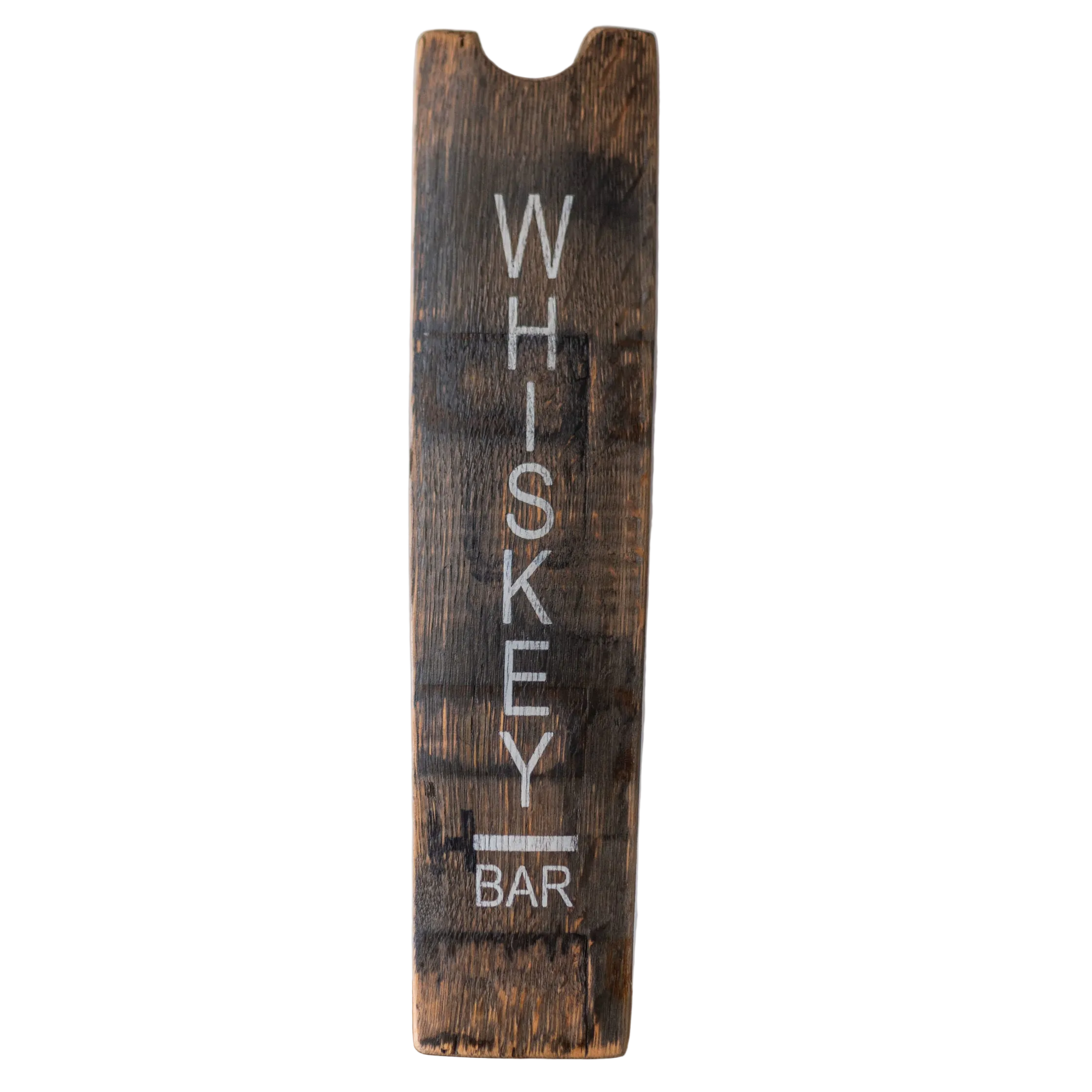 Wooden barrel stave with 'Whiskey Bar' engraving on a white background