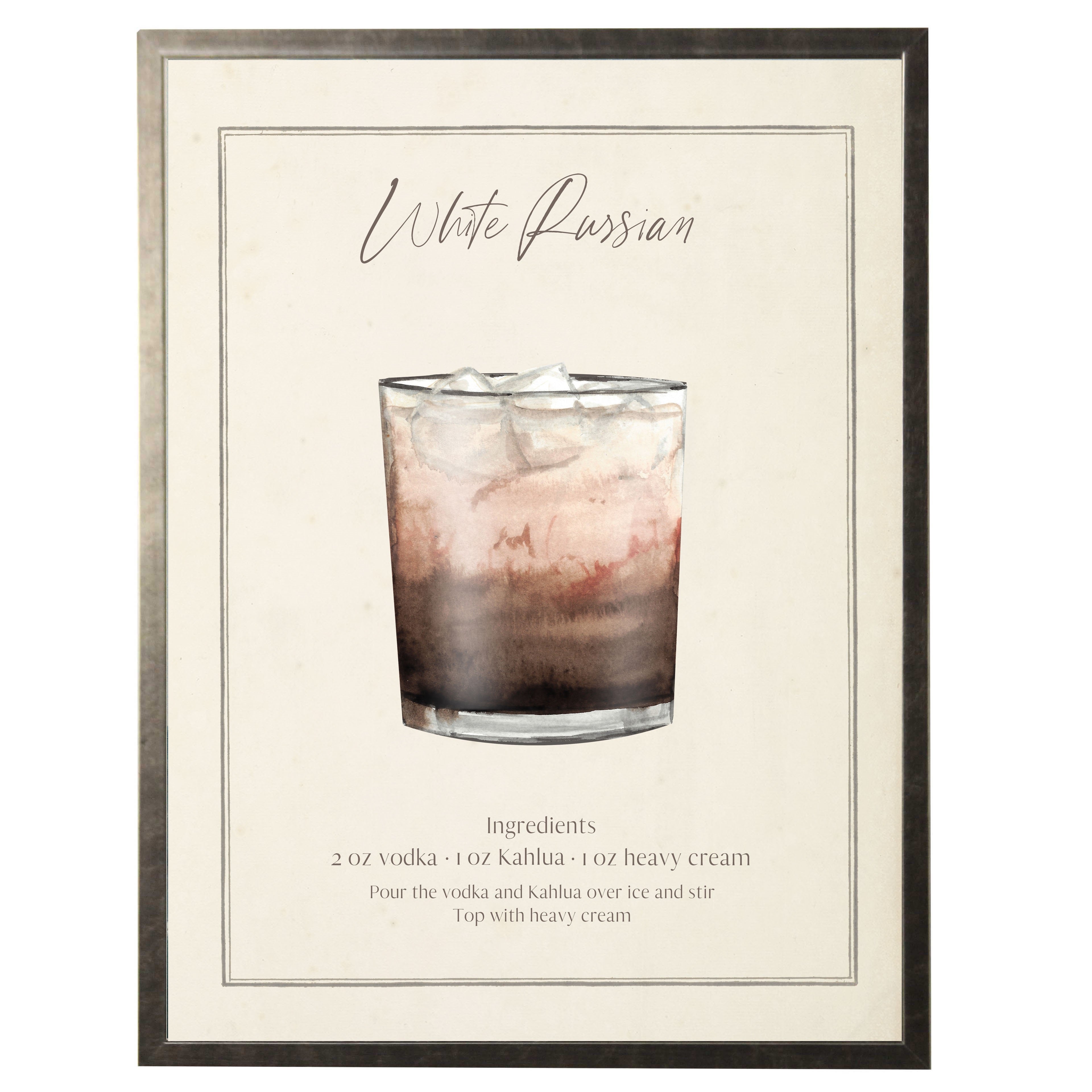 Framed recipe card for a White Russian cocktail with a glass of the drink on a beige background.